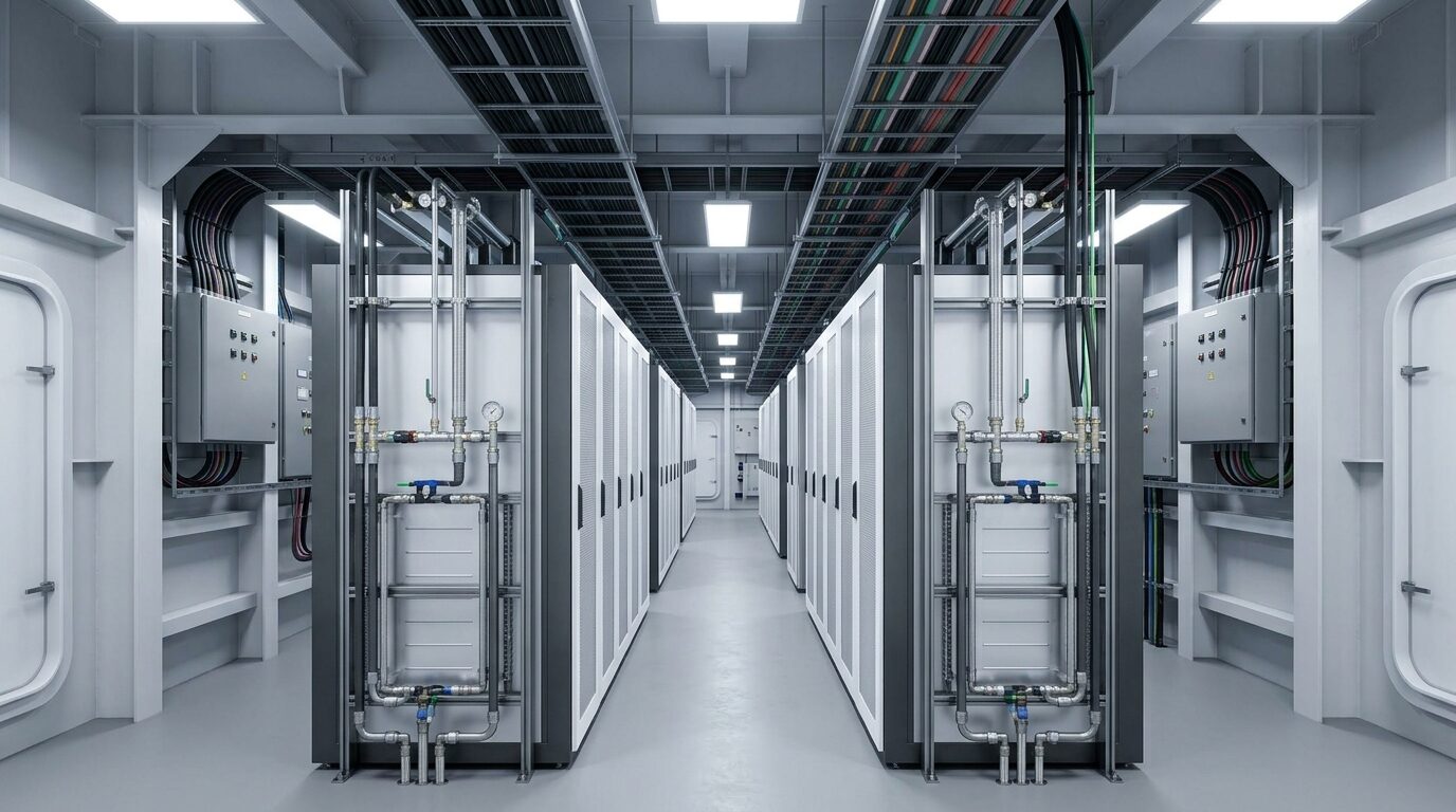Concept rendering of a liquid-cooled AI data hall below deck